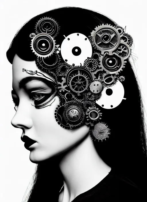 Prompt: black and white macabre masterpiece profile portrait, one steampunk eye silver hexagonal meshes floral biomechanical beautiful young female cyborg, big monocular, volumetric light, hibiscus flowers, by hg giger, rim light, big gothic fashion pearl embroidered collar, 8 k