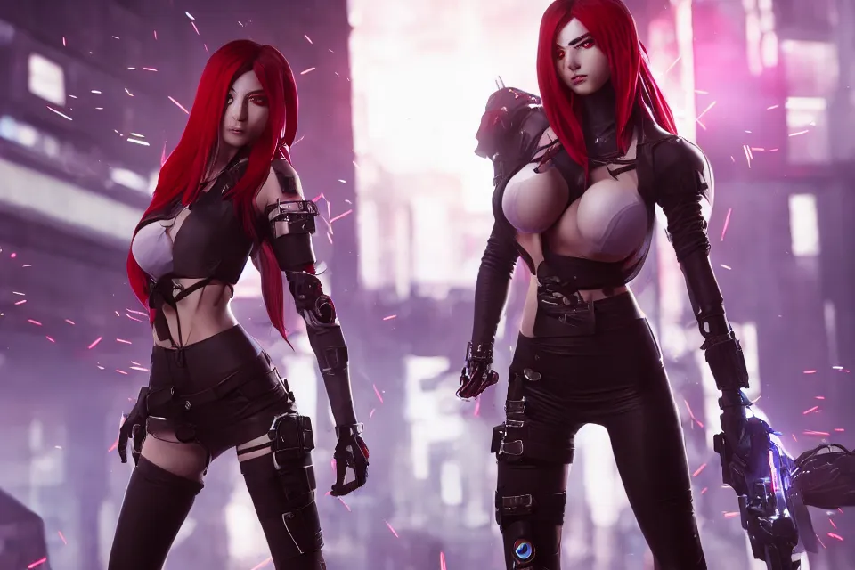Image similar to Cyberpunk themed Katarina from League of Legends, detailed body and face accurate anatomy, in the style of Z.W. Gu from trending on artstation, HD, Octane render, smooth, sharp focus, Anime style
