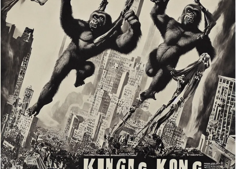 Prompt: king kong in attack of the 5 0 ft woman movie poster print