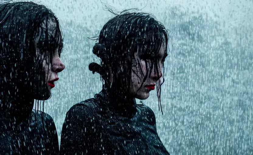 Image similar to cinestill 5 0 d candid photographic portrait by christopher nolan of two loving female androids sobbing wearing rugged black mesh techwear in treacherous waters, extreme closeup, modern cyberpunk moody emotional cinematic, pouring rain menacing lights shadows, 8 k, hd, high resolution, 3 5 mm, f / 3 2, ultra realistic faces, ex machina