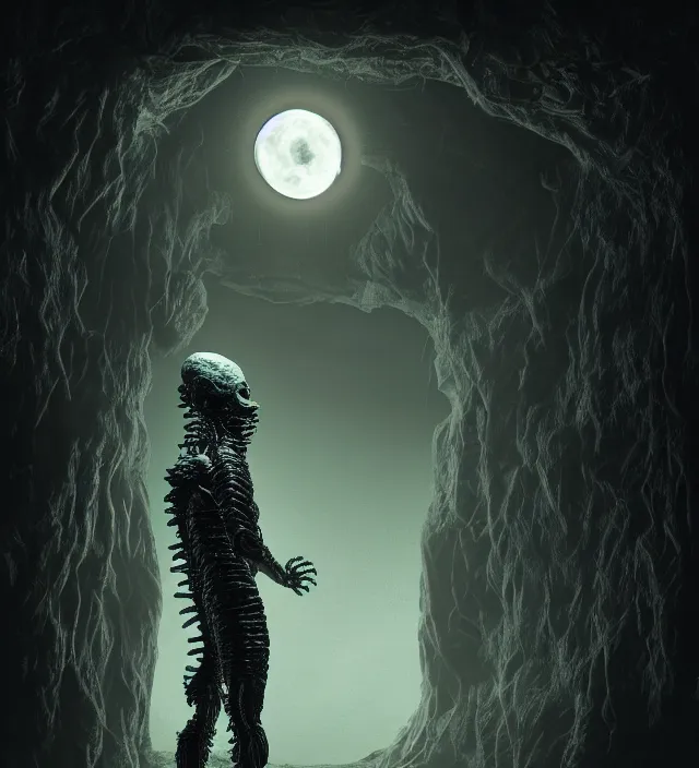 Image similar to a nightmare humanoid monster alien standing in front of a window, intricate spacesuit, moon light through the window, volumetric lighting, hyperealistic, 4 k, inspired by stephen king, inspired by lovecraft, inspired by jeffrey smith