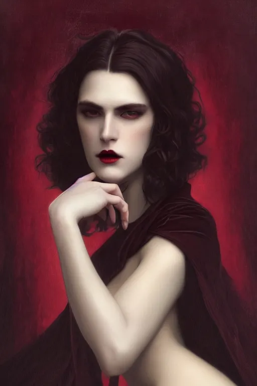 Prompt: a beautiful androgynous man, long thick dark hair, deep brown eyes, vampire, dressed in velvet, wearing a ruby pendant, illustration, dramatic lighting, soft details, painting oil on canvas, art nouveau, octane render, HDR, 4k, 8k, HD, by Edmund Blair Leighton, Brom, Charlie Bowater, faces by otto schmidt