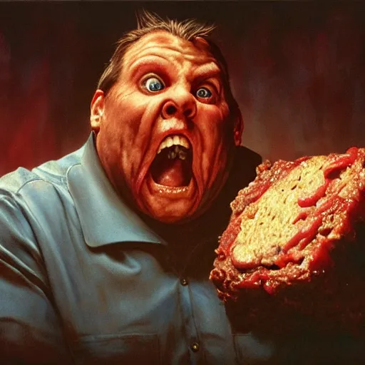 Prompt: big eyes wide open, horrific sentient meatloaf, holding meatloaf, sloppy, gross, meatloaf, hyper realistic, terrifying, disturbing, strange, bizarre, masterpiece, 4 k, vivid colors, elegant, highly detailed, john park, frazetta, john howe, ruan jia, jeffrey catherine jones