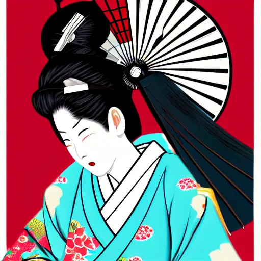 Prompt: beautiful japanese geisha wielding a fan as her blade, digital art