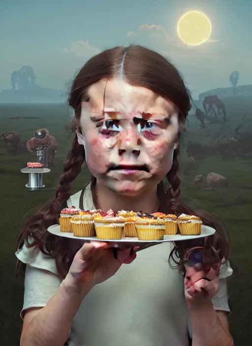 Image similar to highly detailed closeup portrait of greta thunberg eating cakes, stephen bliss, unreal engine, greg rutkowski, ilya kuvshinov, ross draws, tom bagshaw, tom whalen, alphonse mucha, nicoletta ceccoli, mark ryden, earl norem, global illumination, god rays, detailed and intricate environment