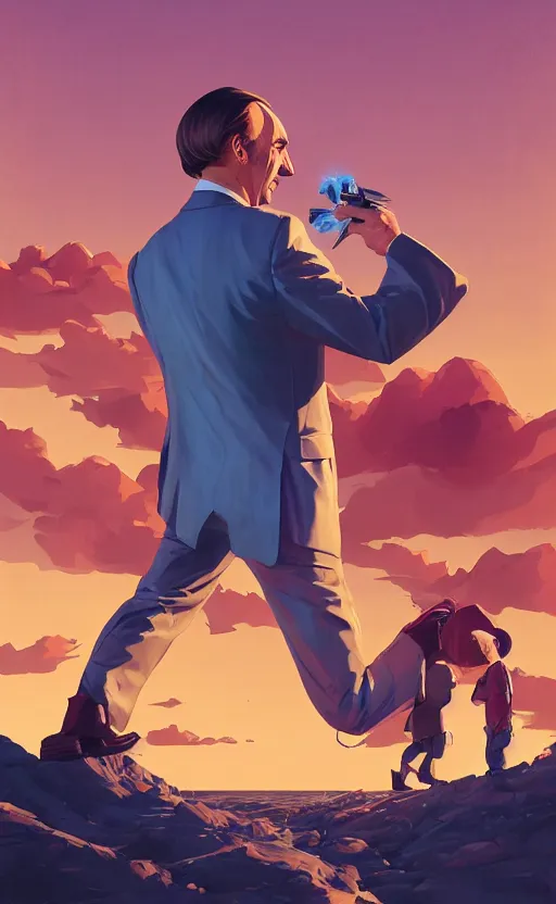 Image similar to saul goodman, poster of better call saul, perfect pose, vintage, matte painting, illustration,, by rhads, by greg rutkowski, by greg tocchini, by james gilleard, by joe fenton