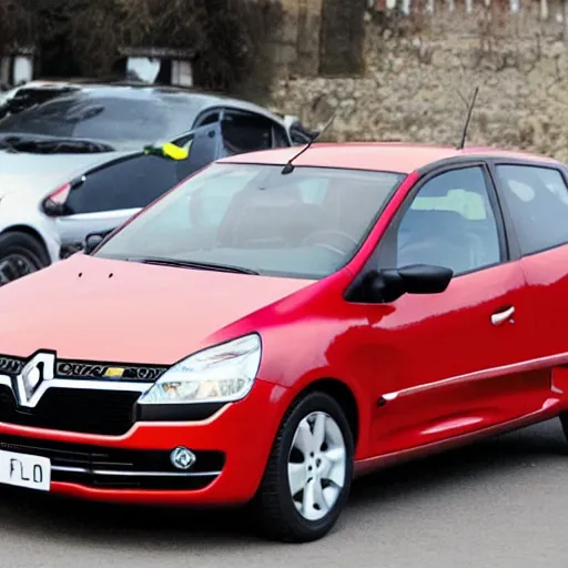 Image similar to proude Robert Lewandowski is sitting in old Renault Clio