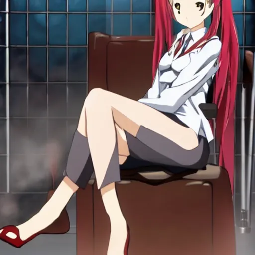 Prompt: Makise Kurisu sitting on a chair, anime style