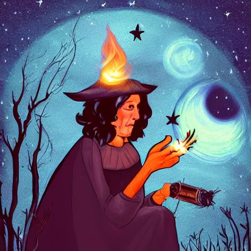 Prompt: beautiful old witch woman, under a night sky, Smoking fire, magical conjure, high detail