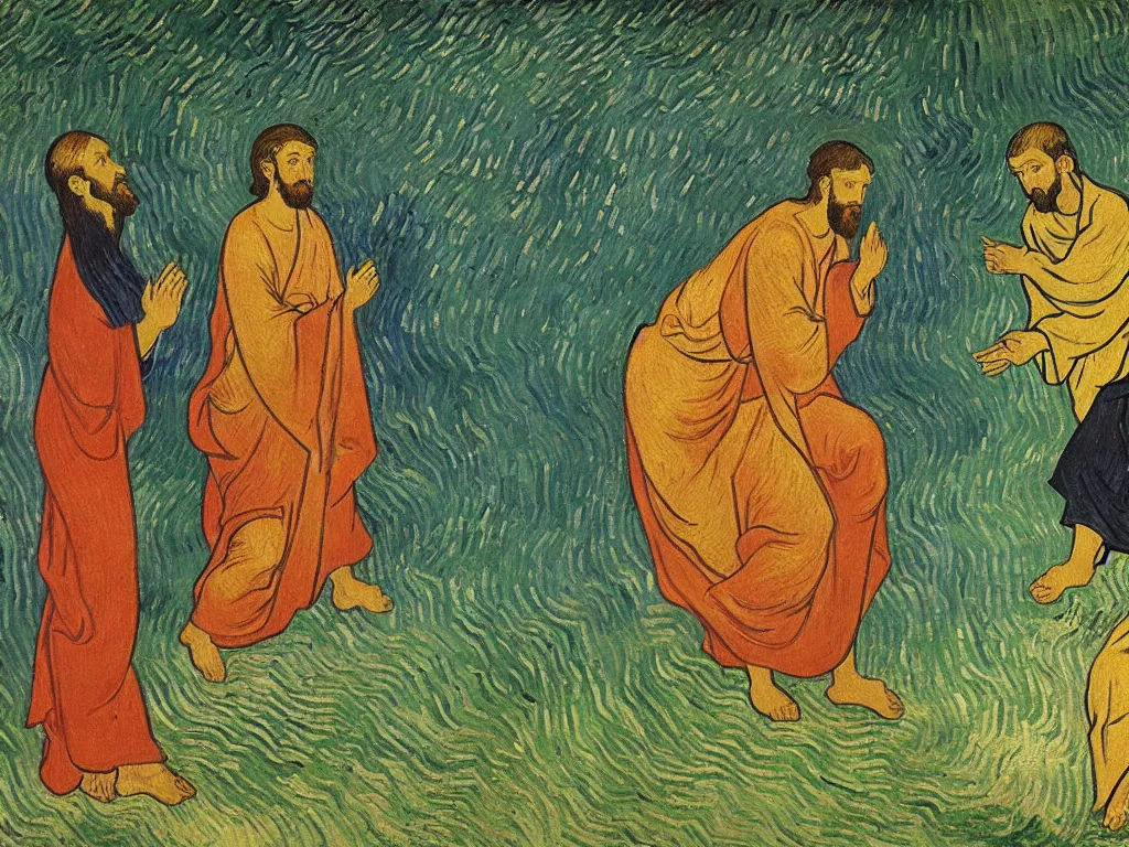 Prompt: Jesus meets Buddha under a giant leaf. Torrential rain. Painting by Vincent van Gogh, Andrei Rublev
