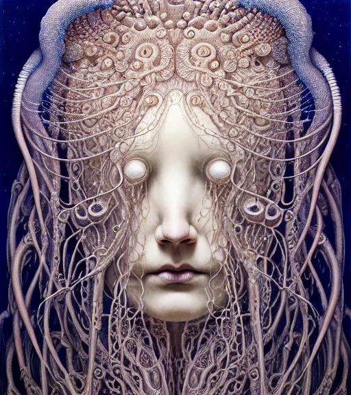 Prompt: detailed realistic beautiful jellyfish goddess face portrait by jean delville, gustave dore, iris van herpen and marco mazzoni, art forms of nature by ernst haeckel, art nouveau, symbolist, visionary, gothic, neo - gothic, pre - raphaelite, fractal lace, intricate alien botanicals, biodiversity, surreality, hyperdetailed ultrasharp octane render