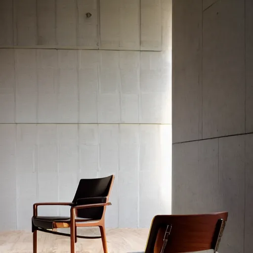 Image similar to midcentury modern wooden chair in the style of mies van der rough high end photoshoot