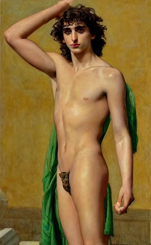 Image similar to Timothee Chalamet as Antinous in ancient Greece, intense painting, sunny, tropical, +++ super supper supper dynamic pose,  digital art, +++ SFW(SAFE FOR WORK) +++ quality j.c. leyendecker, limited edition, shiny, ++++, thick eyebrows, masculine appeal high fashion, GREEN EYES, GREEK CLOTHES, closeup, important, smirking, palm trees, tropical flowers, colorful, surrealism art, modern