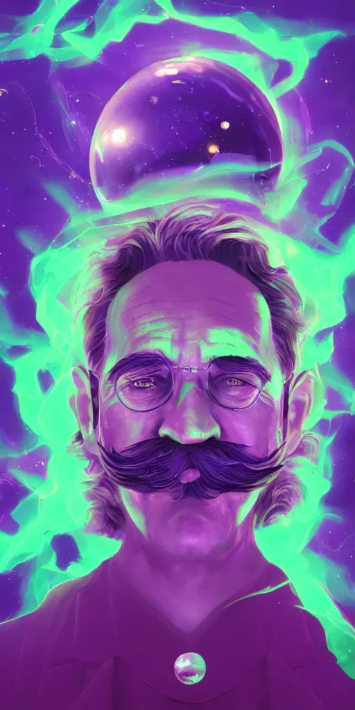 Image similar to a wizard with a salvador dali moustache in space, purple and green colors, digital painting, volumetric lighting, 8k, artstation