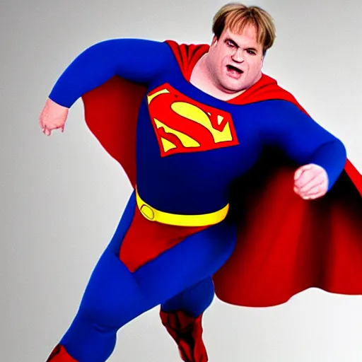 Prompt: an photo of chris farley, dressed like superman, ultra realistic, 8 k