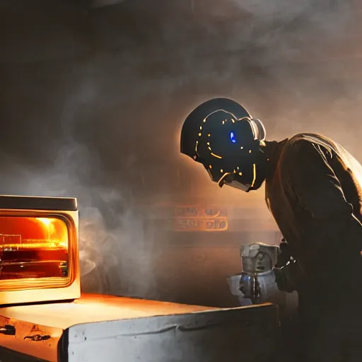 Image similar to cyborg with toaster oven for torso, dark messy smoke - filled cluttered workshop, dark, dramatic lighting, orange tint, sparks, cinematic, highly detailed, sci - fi, futuristic, movie still