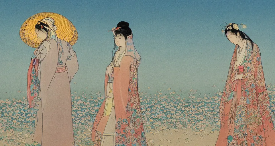 Image similar to a young asian woman with traditional korean robes walking on the sand in the desert, thousand flowers on her head, ultradetailed fantastic castles in the distance, japanese art, korean art, illustration in the style of moebius, miyazaki, alphone mucha, hokusai