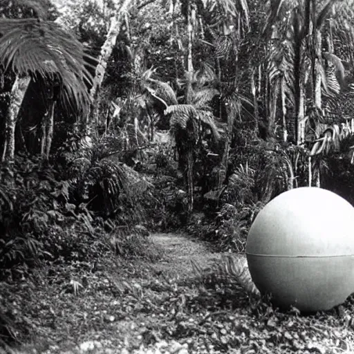 Image similar to a rizom lost film footage of a ( ( ( ( ( ( ( ( sphere ) ) ) ) ) ) ) ) in the middle of the tropical jungle / tropicalism / film still / cinematic / enhanced / 1 9 2 0 s / black and white / grain
