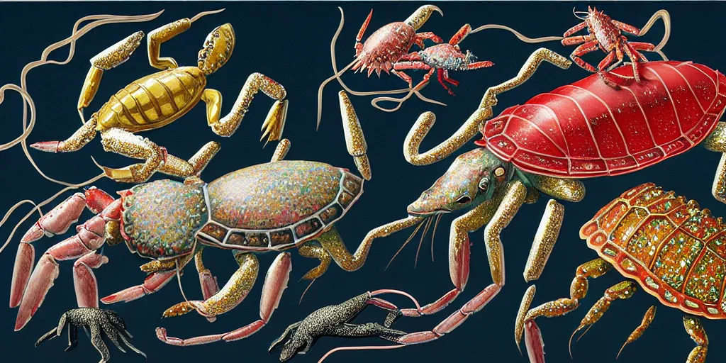 Image similar to imaginary animals, squid, horse, lobster, turtles by raqib shaw, made from oil metallic paint glitter rhinestones and graphite on white paper,