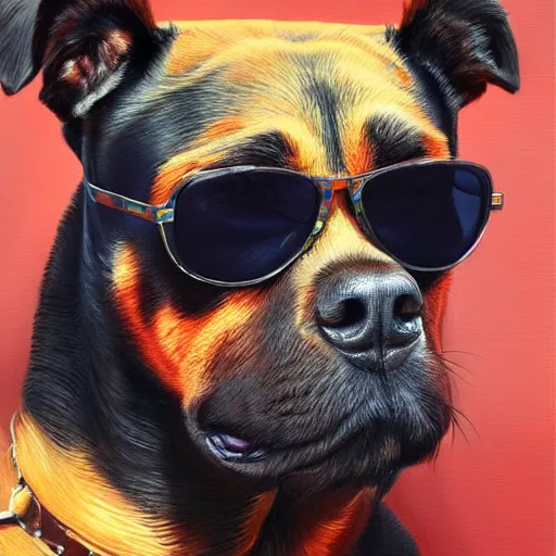 Image similar to rottweiler wearing shades, oil painting, artgerm, portrait, highly detailed, artstation