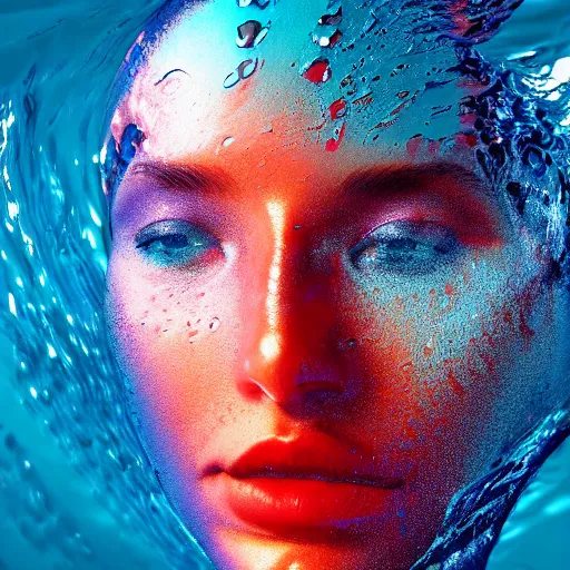 Prompt: water artwork manipulation in the shape of a human head, on the ocean water, futuristic, neon, magma, ray tracing, realistic water sharp focus, long shot, 8 k resolution, cinematic, surreal water art