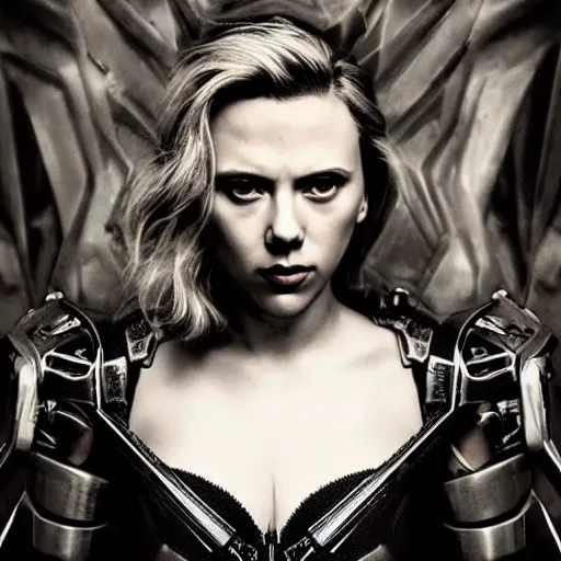 Prompt: “Scarlett Johansson portrait, dystopia core, hyperrealistic, apocalyptic, highly detailed exoskeleton armor, dramatic, sharp focus, hero, gape, epic”