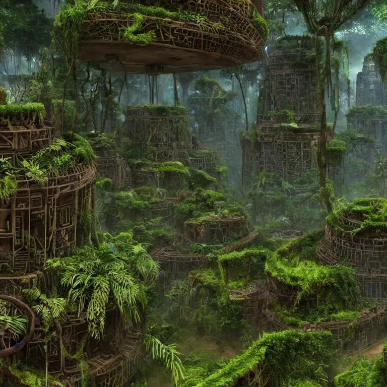 Prompt: a lost ancient mayan futuristic city in the jungle with vines and moss covering the ruins mysterious enigmatic unreal engine 4 k by iain mccaig and jan toorop