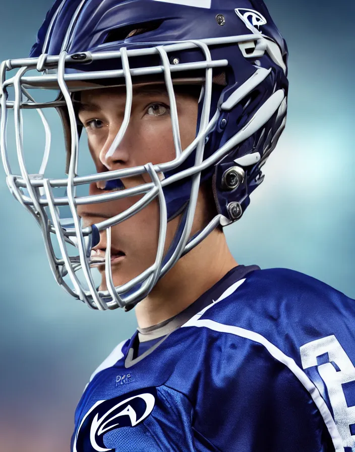 Image similar to closeup portrait of very beautiful cute male lacrosse player wearing a cascade xrs lacrosse helmet in a penn state stadium, glamour pose, particle effects, backlit, highly detailed, soft ambient lighting, sharp focus, rule of thirds, artgerm, wlop, arney freytag, rossdraws, frank frazetta, andrei riabovitchev, hd, octane, 4 k