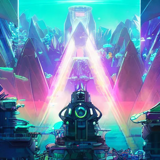 Image similar to an underwater city comprised of light built in the side of a giant robot trying to save the planet, set in the distant future, plants, light prisms, rainbow diffraction, steampunk, cyberpunk, warm lights, anime, vhs distortion, art style mimics starlight brigade by game grumps