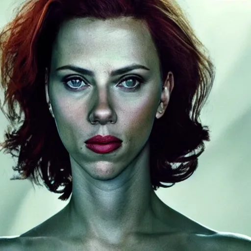 Image similar to a woman who is a genetic combination of scarlett johansson and sigourney weaver, face and upper body focus