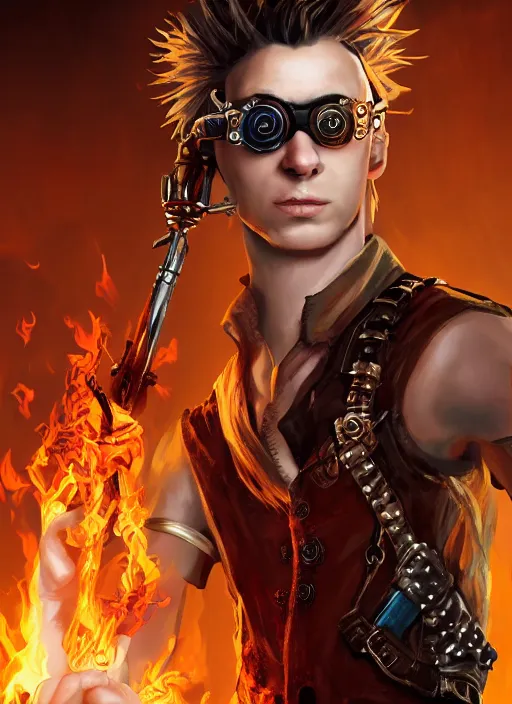 Image similar to An epic fantasy comic book style portrait painting of young man with red spiked long hair, using an steampunk orange googles. Wearing a black waistcoat, white shirt. Fire on his hands. Unreal 5, DAZ, hyperrealistic, octane render, cosplay, RPG portrait, dynamic lighting