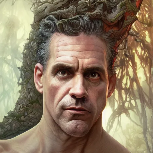 Image similar to portrait of jordan peterson as a very pale hulking herculean demon, forest, godlike, full body, fantasy, intricate, elegant, highly detailed, digital painting, artstation, concept art, sharp focus, illustration, art by artgerm and greg rutkowski and alphonse mucha