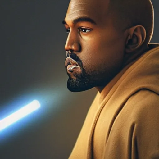 Image similar to Portrait of Kanye West as a jedi in Star Wars, holding lightsabre. splash art, cinematic lighting, dramatic, octane render, long lens, shallow depth of field, bokeh, anamorphic lens flare, 8k, hyper detailed, 35mm film grain