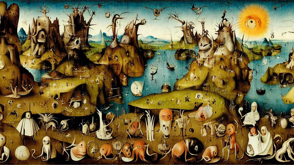 Image similar to a beautiful landscape with weird creatures by hieronymus bosch and johfra bosschart