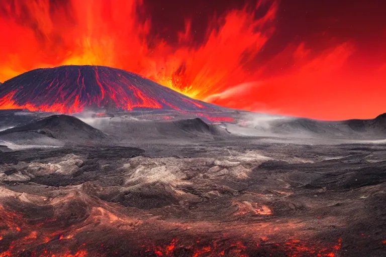 Image similar to a detailed volcanic landscape , violent clouds in the sky with glowing red eyes in the sky