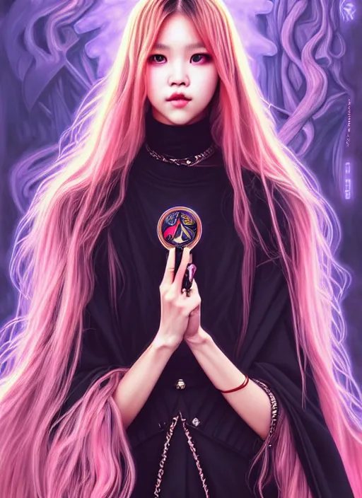 Image similar to lalisa manoban of blackpink, grim reaper costume, tarot card, highly detailed, digital painting, smooth, sharp focus, illustration, ultra realistic, 8 k, art by artgerm and alphonse mucha