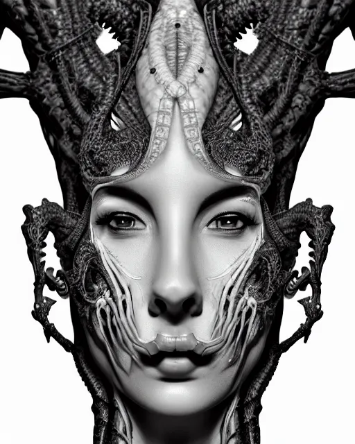 Image similar to a black and white high quality photo of a young beautiful female queen-dragon-cyborg bust with a very long neck and Mandelbrot fractal face, Mandelbrot fractal skin, flesh, anatomical, facial muscles, veins, arteries, elegant, highly detailed, flesh highly baroque ornate, hair are wired cables, elegant, high fashion, rim light, octane render, in the style of Diane Arbus, Realistic, Refined, Digital Art, Highly Detailed, Cinematic Lighting, rim light, black and white, photo-realistic, 8K