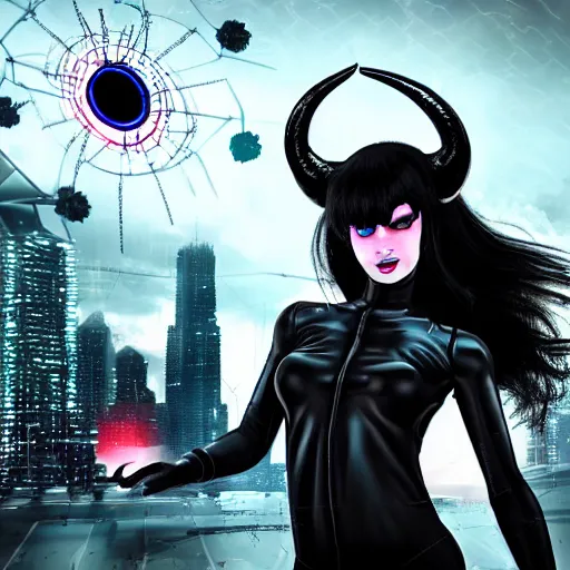 Prompt: cyber girl with demon horns and a gloomy face in front of a cybercity holding a black feather in her hands