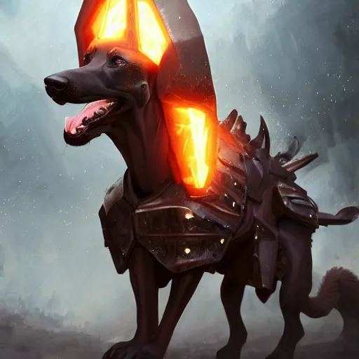 Image similar to Doberman dog, battle armour, Anthropomorphized, casting epic spell, magic the gathering artwork, D&D, fantasy, cinematic lighting, centered, symmetrical, highly detailed, digital painting, artstation, concept art, smooth, sharp focus, illustration, volumetric lighting, epic Composition, 8k, art by Akihiko Yoshida and Greg Rutkowski and Craig Mullins, heroic pose, oil painting, cgsociety, magic lab background