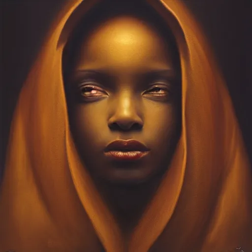 Image similar to a portrait of a young black woman wearing a long dark cloak, hood and shadows covering face, anatomically correct, beautiful perfect face, enigmatic, oil painting, matte painting, black background, Volumetric Golden dappled dynamic lighting, Highly Detailed, Cinematic Lighting, Unreal Engine, 8k, HD, by Beksinski