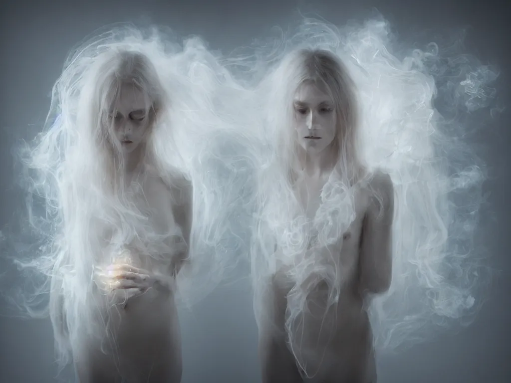Prompt: kodak portra 4 0 0 of a delicate, dreamy, feminine, subsurface scattering, white, young beautiful bio - mechanical opal cyborg by nicola samori, long white hair floating in air, fluid smoke art, octane render highly detailed, head in focus, cinematic lighting, hyper realism, 8 k