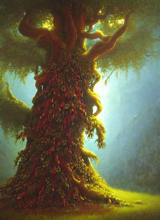 Image similar to ayahuma tree looking like an ent with brown round fruits, god rays at the top, art by christophe vacher