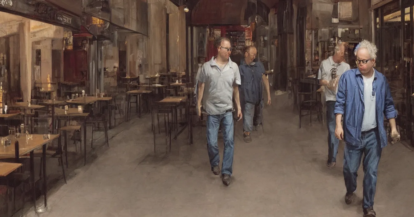 Image similar to todd solondz, high quality high detail image of todd solondz walking with a friend in an empty caffe bar in tel aviv street, clear sharp face of todd solondz, night, by lucian freud and gregory crewdson and francis bacon, hd, photorealistic lighting