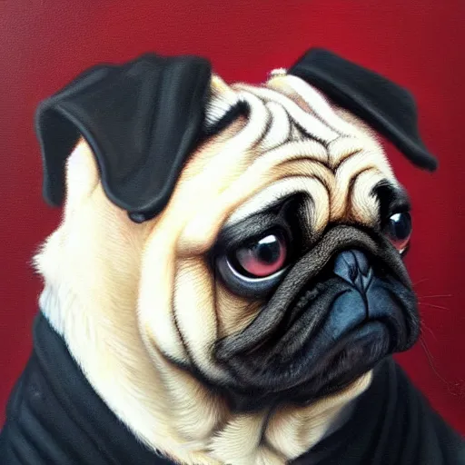 Image similar to oil painting, a pug with gothic emo hair, intricate, masterpiece, artstation, stunning