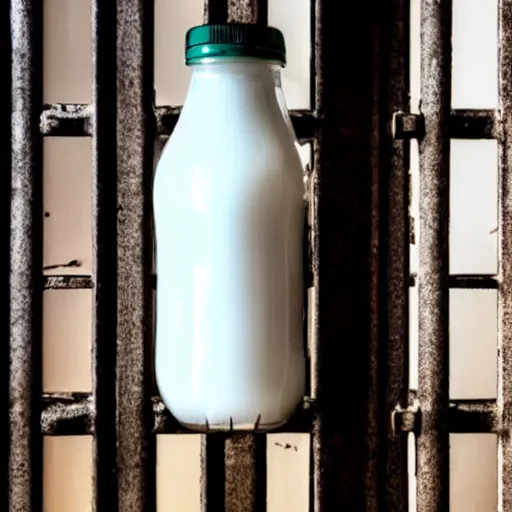 Prompt: bottle of milk inside a jail cell