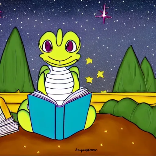 Image similar to cute dragon reading a book underneath the stars