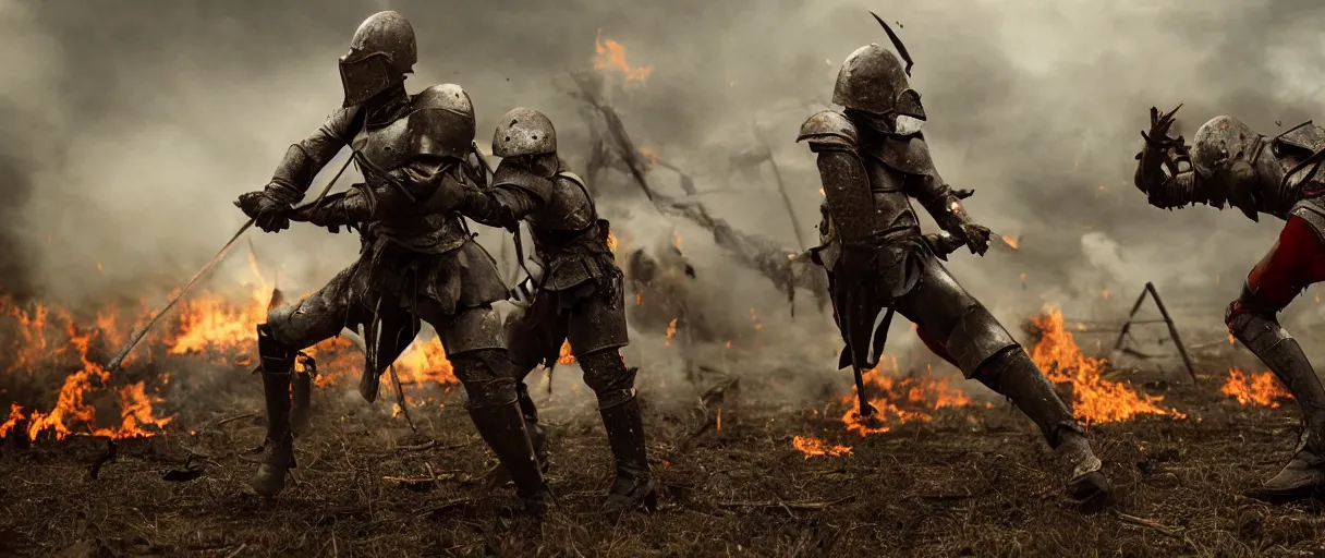 Image similar to knights in battle, rusted armor, swinging swords, kicking, boots stabbing, burning houses, running, fear, sanguinary blood splatters, flying mud, debris, boots, smoke, fighting, field, burning houses, dead bodies, wet, dawn, cold breath, hyper realistic, octane render, hyper detailed, cinematic, crane shot medium