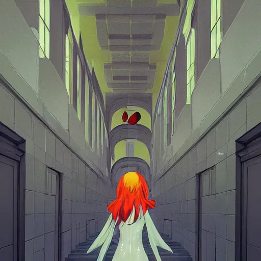 Image similar to an acidic beautiful slimegirl woman in a bright white hallway with many doors and many stairs, Mc Escher architecture, epic composition, by Makoto Shinkai