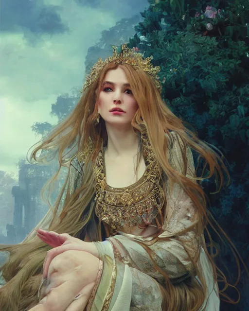 Image similar to a beautiful close up portrait of a sorceress sitting with elegant looks, flowing robe, ornate and flowing, intricate and soft by ruan jia, tom bagshaw, alphonse mucha, krenz cushart, beautiful roman architectural ruins in the background, epic sky, vray render, artstation, deviantart, pinterest, 5 0 0 px models