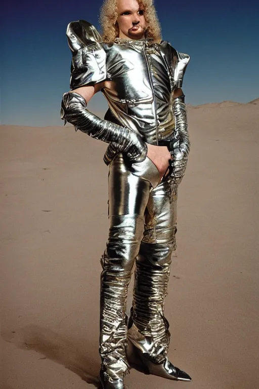 Image similar to portrait davis taylor brown dressed in 1 9 8 1 space fantasy fashion, heavy metal, shiny metal, standing in a desert